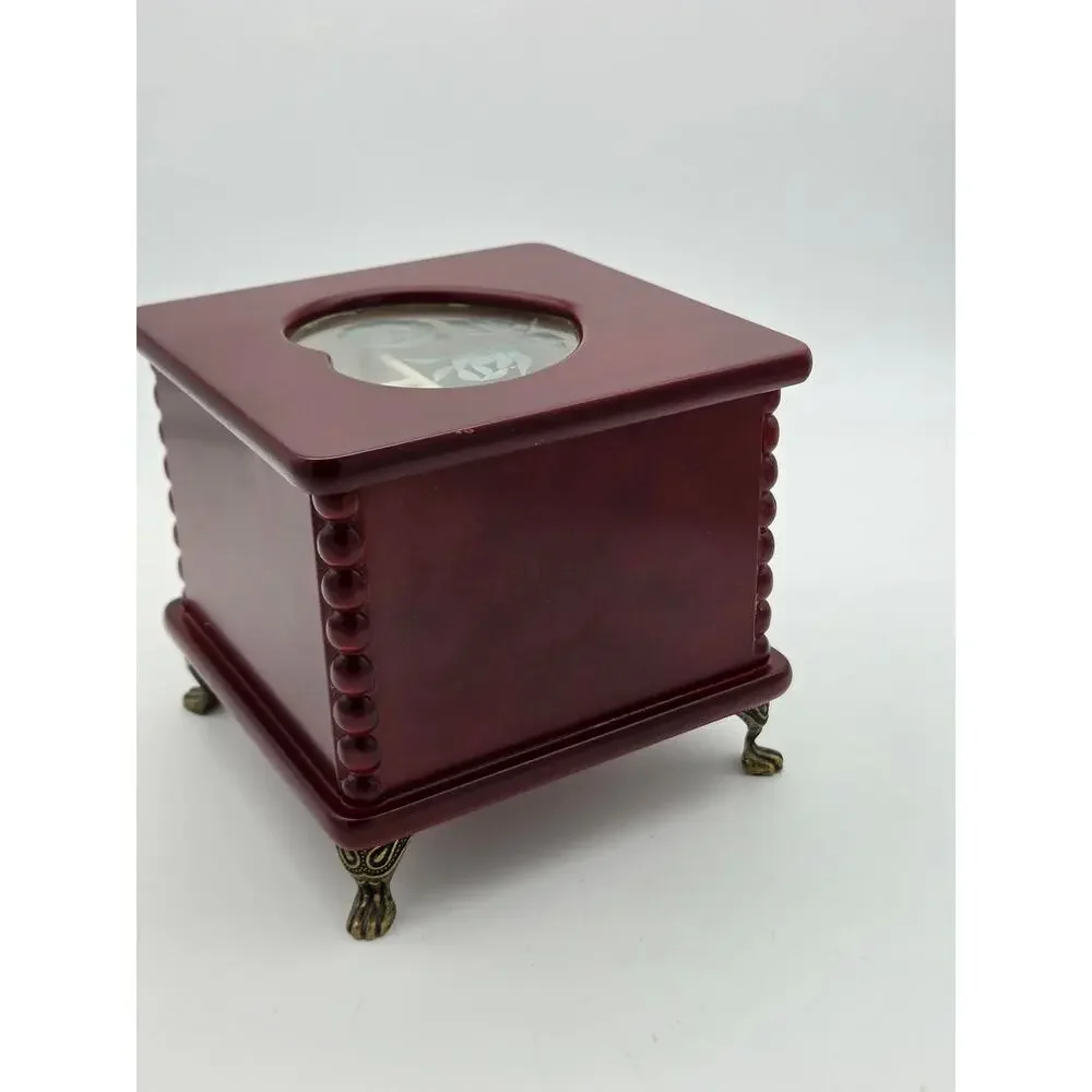 Vintage 1990s Wooden Jewelry Box Etched Glass Rose Heart Chery Wood